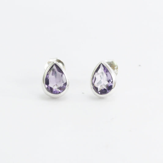 Teardrop Amethyst Earrings Studs 6*9 mm bezel set in 925 stud earrings push back closure