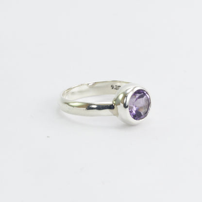 Amethyst solitaire ring for women 7 mm round handmade bezel set in 925 sterling silver