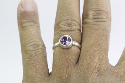 Amethyst solitaire ring for women 7 mm round handmade bezel set in 925 sterling silver