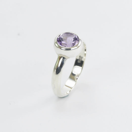 Amethyst solitaire ring for women 7 mm round handmade bezel set in 925 sterling silver