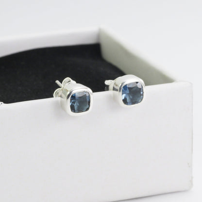 Genuine London Blue Topaz Earrings Studs for women 6*6 Square Cushion shape bezel set in 925 stud earrings push back closure
