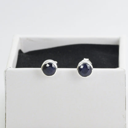 Round Sapphire Stud Earrings 6 mm Round set in 925 sterling silver, Natural Sapphire stud