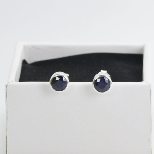 Round Sapphire Stud Earrings 6 mm Round set in 925 sterling silver, Natural Sapphire stud