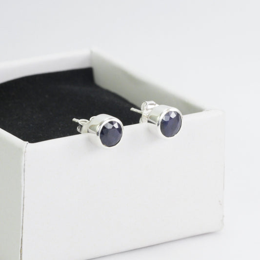 Round Sapphire Stud Earrings 6 mm Round set in 925 sterling silver, Natural Sapphire stud