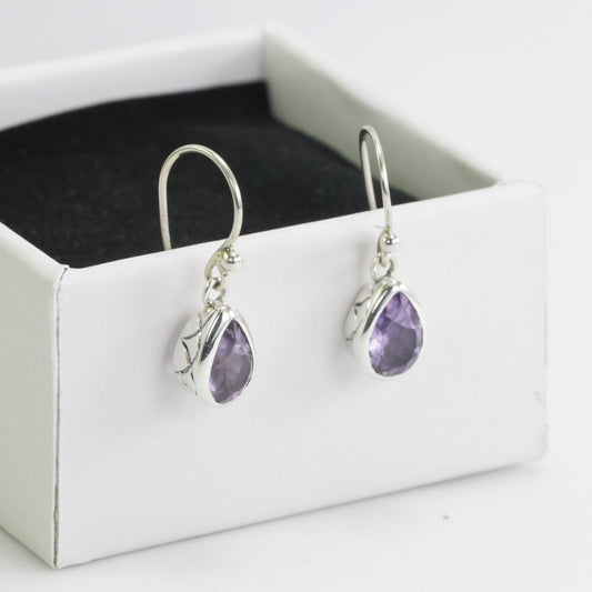 Teardrop Amethyst Earrings bezel set in  dangle 925 sterling silver 6*9 m drop