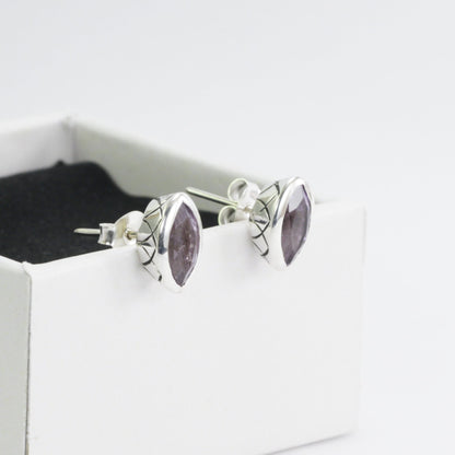 Marquise Amethyst Earrings Studs for women 5*10 mm bezel set in 925 stud earrings push back closure