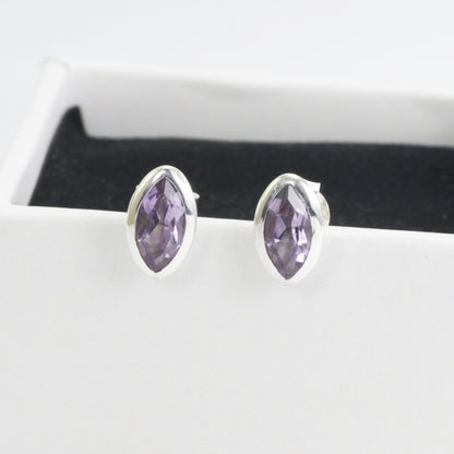 Marquise Amethyst Earrings Studs for women 5*10 mm bezel set in 925 stud earrings push back closure