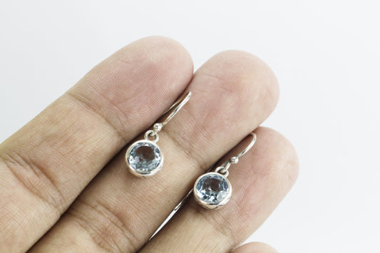 Blue Topaz Earrings bezel set in  dangle 925 sterling silver 7 mm round dangle drop