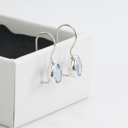 Teardrop Blue Topaz Earrings bezel set in  dangle 925 sterling silver 6*9 mm drop