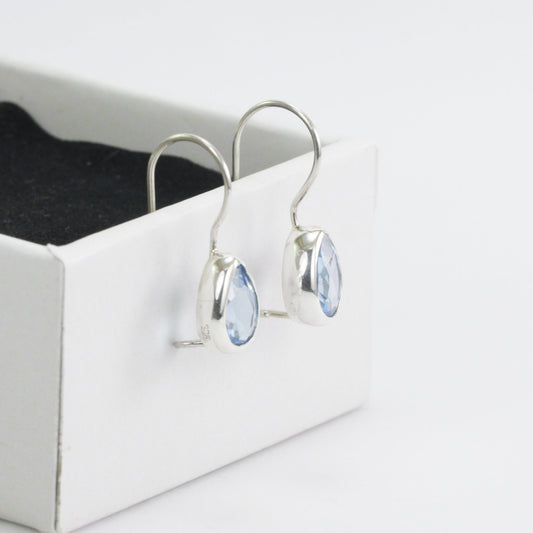 Teardrop Blue Topaz Earrings bezel set in  dangle 925 sterling silver 6*9 mm drop