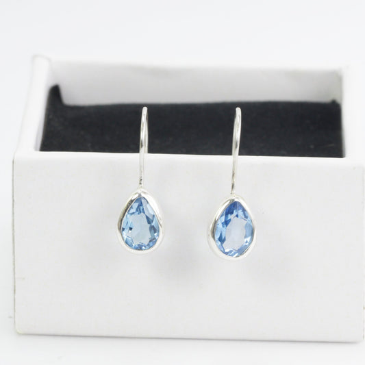 Teardrop Blue Topaz Earrings bezel set in  dangle 925 sterling silver 6*9 mm drop