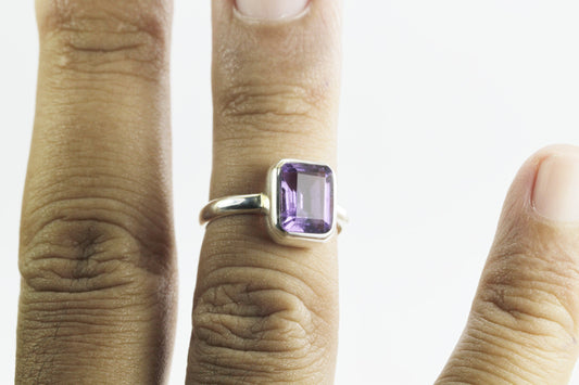 solitaire ring 925 sterling silver with genuine amethyst 7*9 mm Octagon