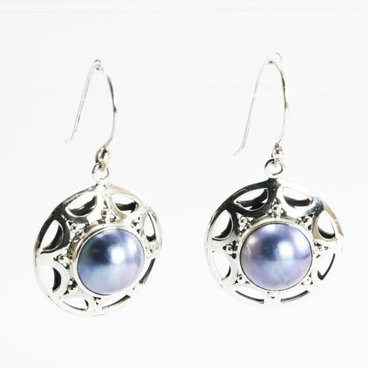 blue mabe pearl earrings 925 sterling silver decorated with shield designs
