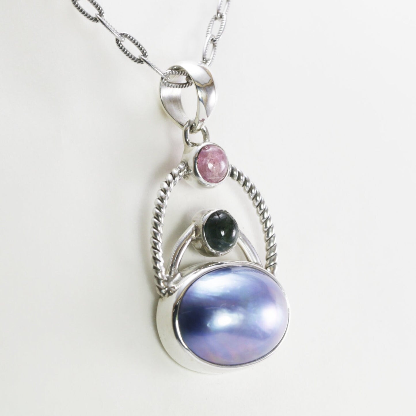 blue mabe pearl pendant necklace decorated with genuine tourmaline set in 925 sterling silver