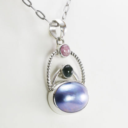 blue mabe pearl pendant necklace decorated with genuine tourmaline set in 925 sterling silver