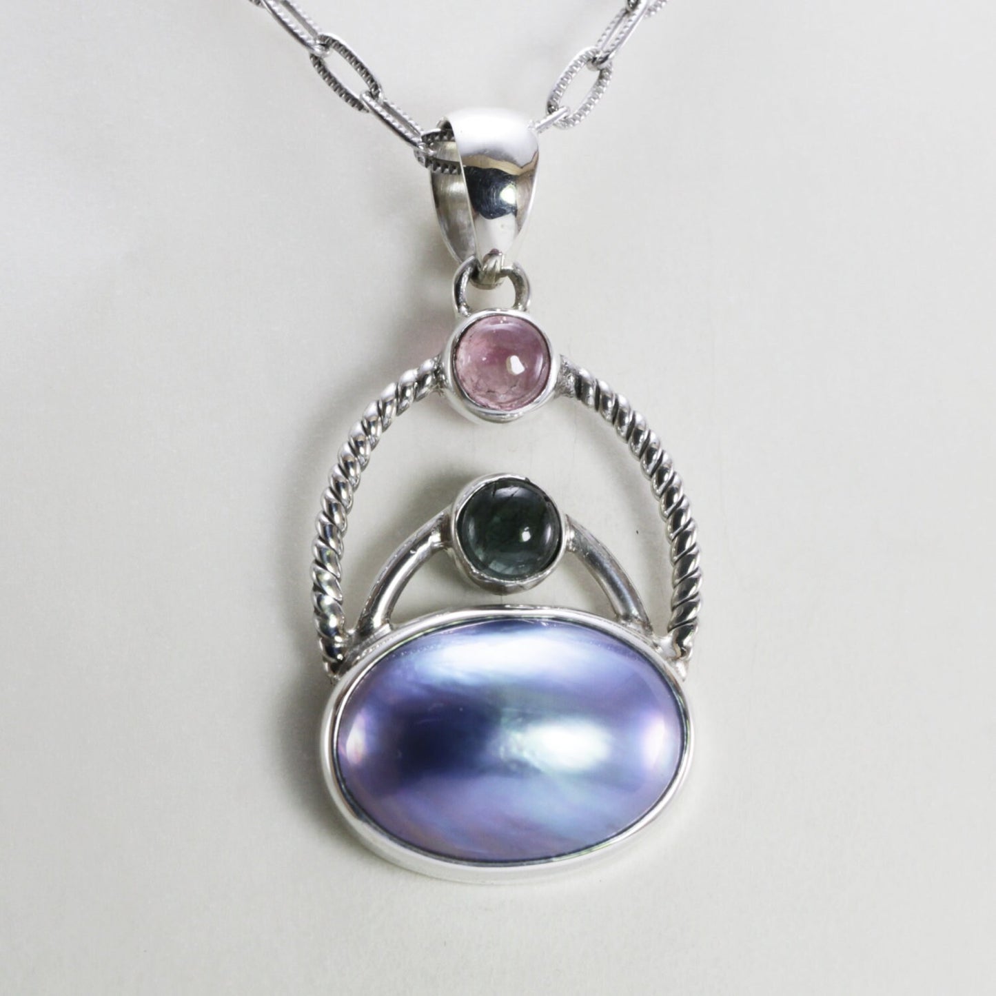 blue mabe pearl pendant necklace decorated with genuine tourmaline set in 925 sterling silver