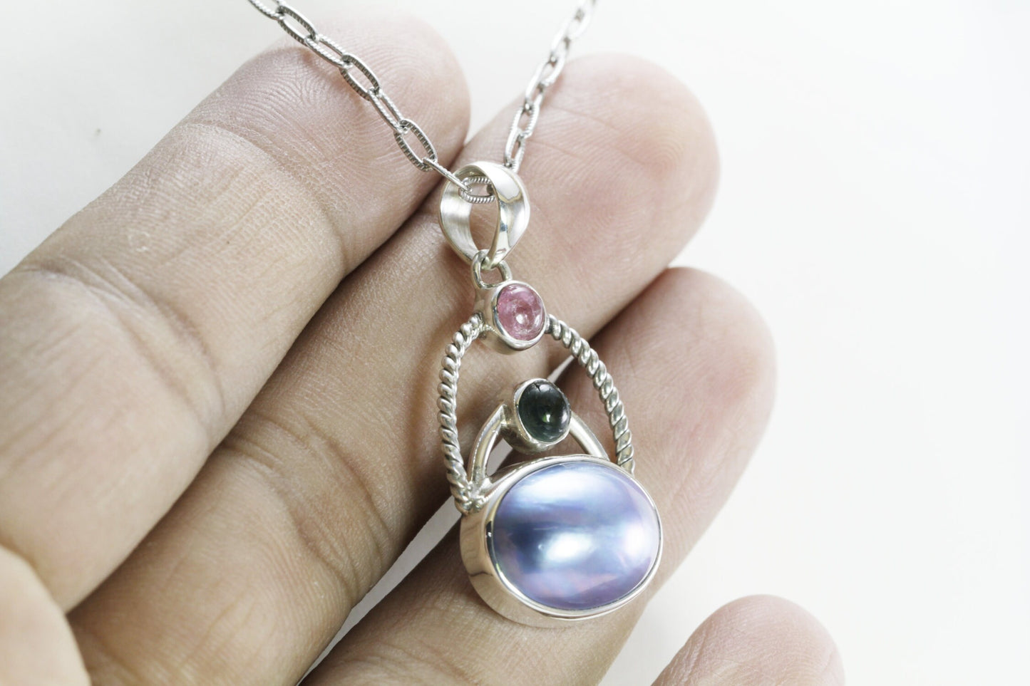 blue mabe pearl pendant necklace decorated with genuine tourmaline set in 925 sterling silver