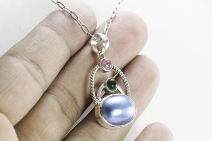 blue mabe pearl pendant necklace decorated with genuine tourmaline set in 925 sterling silver