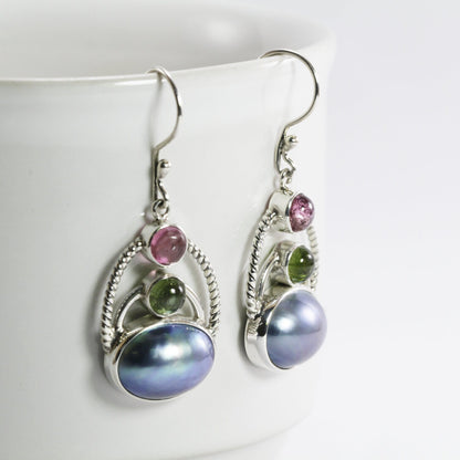 oval blue pearl earrings 925 sterling silver with genuine tourmaline
