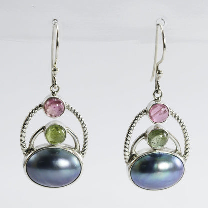 oval blue pearl earrings 925 sterling silver with genuine tourmaline