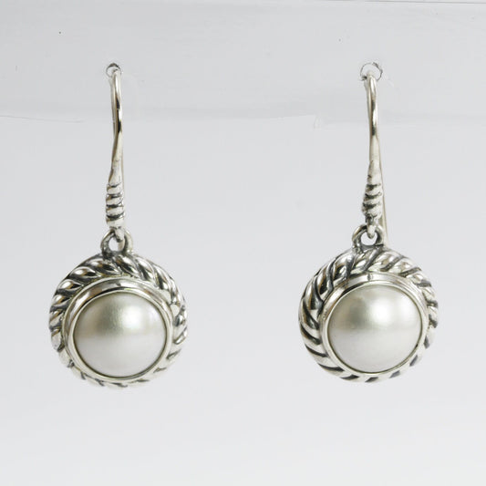 white mabe pearl earrings set in 925 sterling silver 12mm round decorated with cable ornament
