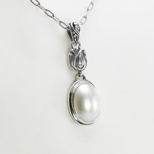 oval pearl pendant 925 sterling silver decorated with tulip flower ornament