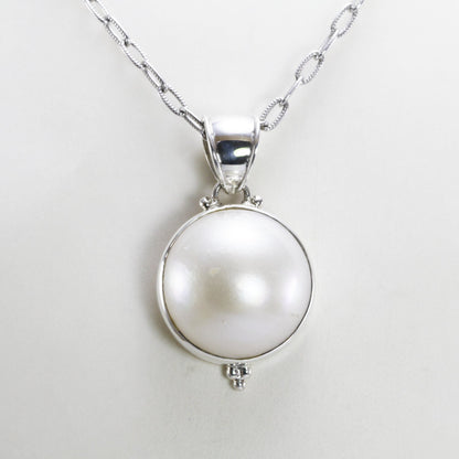 white Mabe pearl pendant 16 mm round 925 sterling silver bezel set