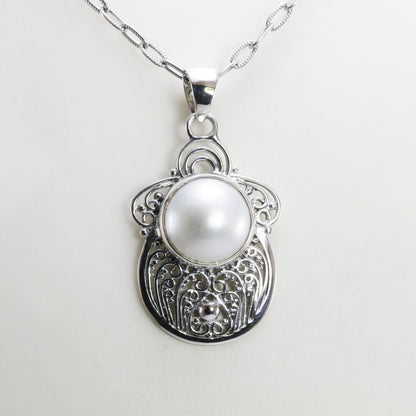 white mabe pearl pendant necklace 925 sterling silver decorated with filigree ornament