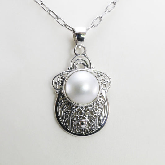 white mabe pearl pendant necklace 925 sterling silver decorated with filigree ornament