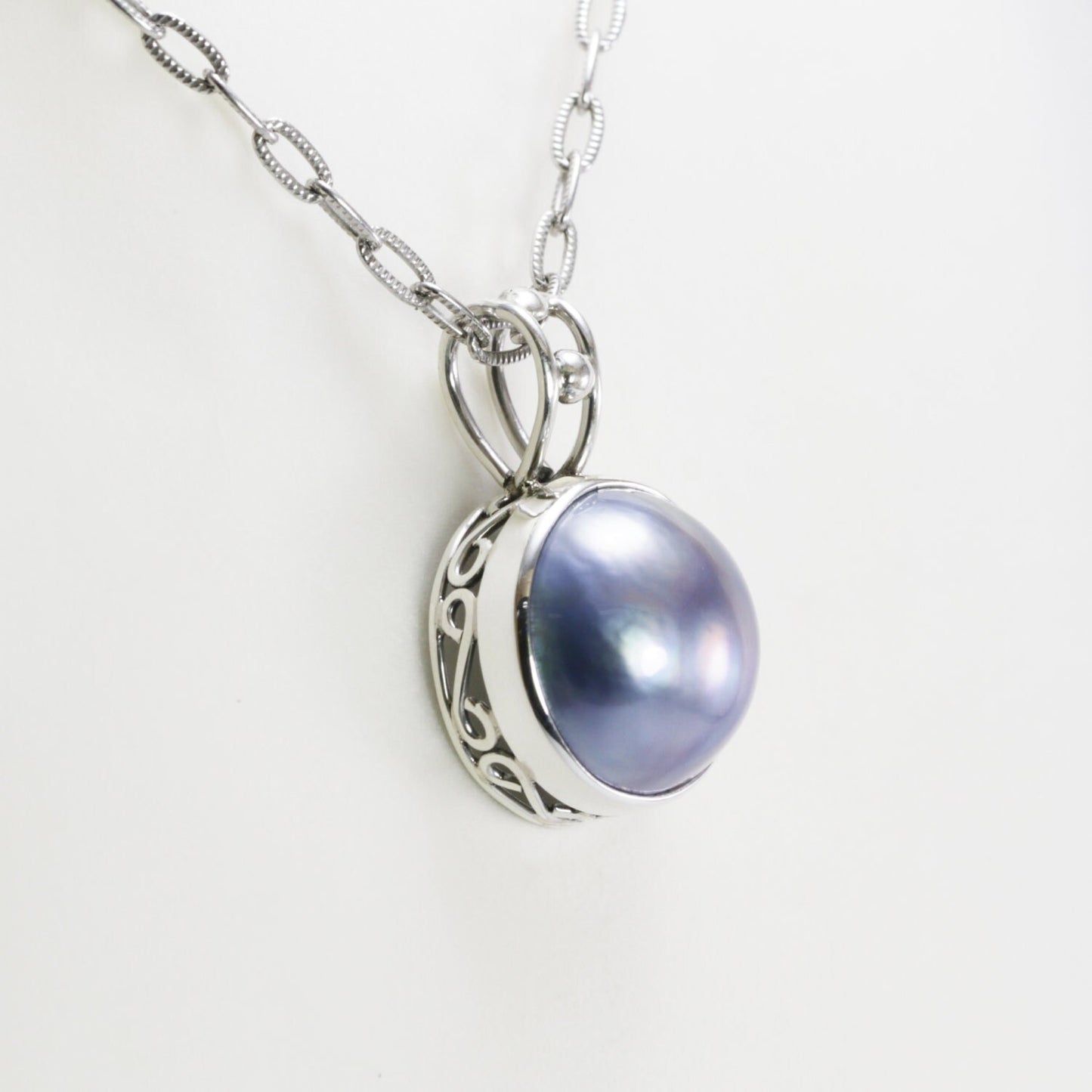 blue mabe pearl pendant necklace 925 sterling silver decorated with filigree ornament