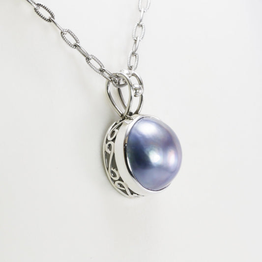 blue mabe pearl pendant necklace 925 sterling silver decorated with filigree ornament