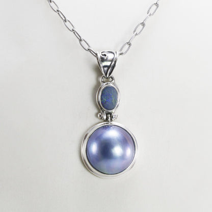 blue mabe pearl pendant necklace 925 sterling silver with genuine opal double bezel