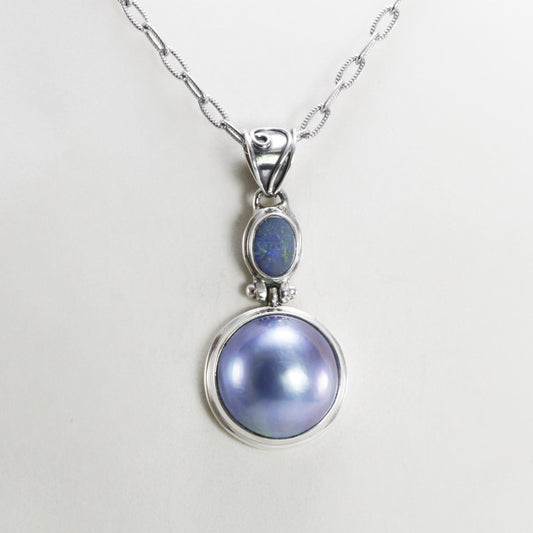 blue mabe pearl pendant necklace 925 sterling silver with genuine opal double bezel