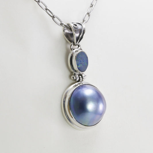 blue mabe pearl pendant necklace 925 sterling silver with genuine opal double bezel