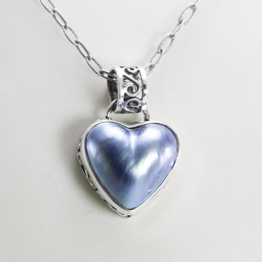 blue mabe pearl pendant necklace heart shape set in 925 sterling silver decorated with ornament