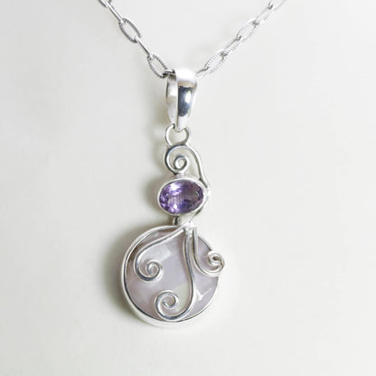 amethyst pendant necklace with genuine pink shell set in 925 sterling silver
