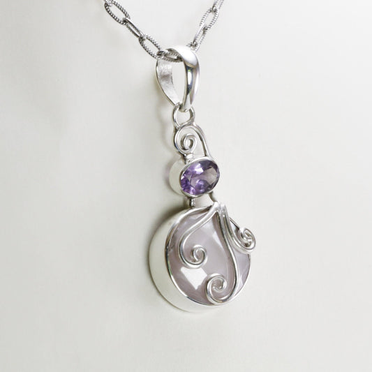 amethyst pendant necklace with genuine pink shell set in 925 sterling silver