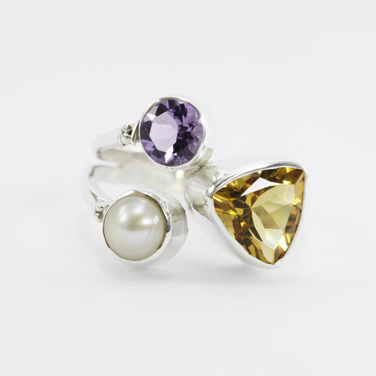 Three stone adjustable ring set in 925 sterling silver, natural citrine ring with amethyst and natural pearl with free size style ring
