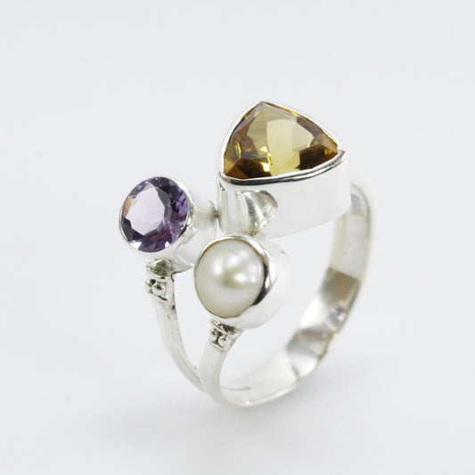 Three stone adjustable ring set in 925 sterling silver, natural citrine ring with amethyst and natural pearl with free size style ring