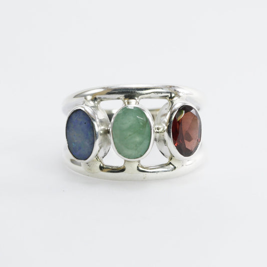 three stones ring 925 sterling silver with genuine emerald, opal and garnet