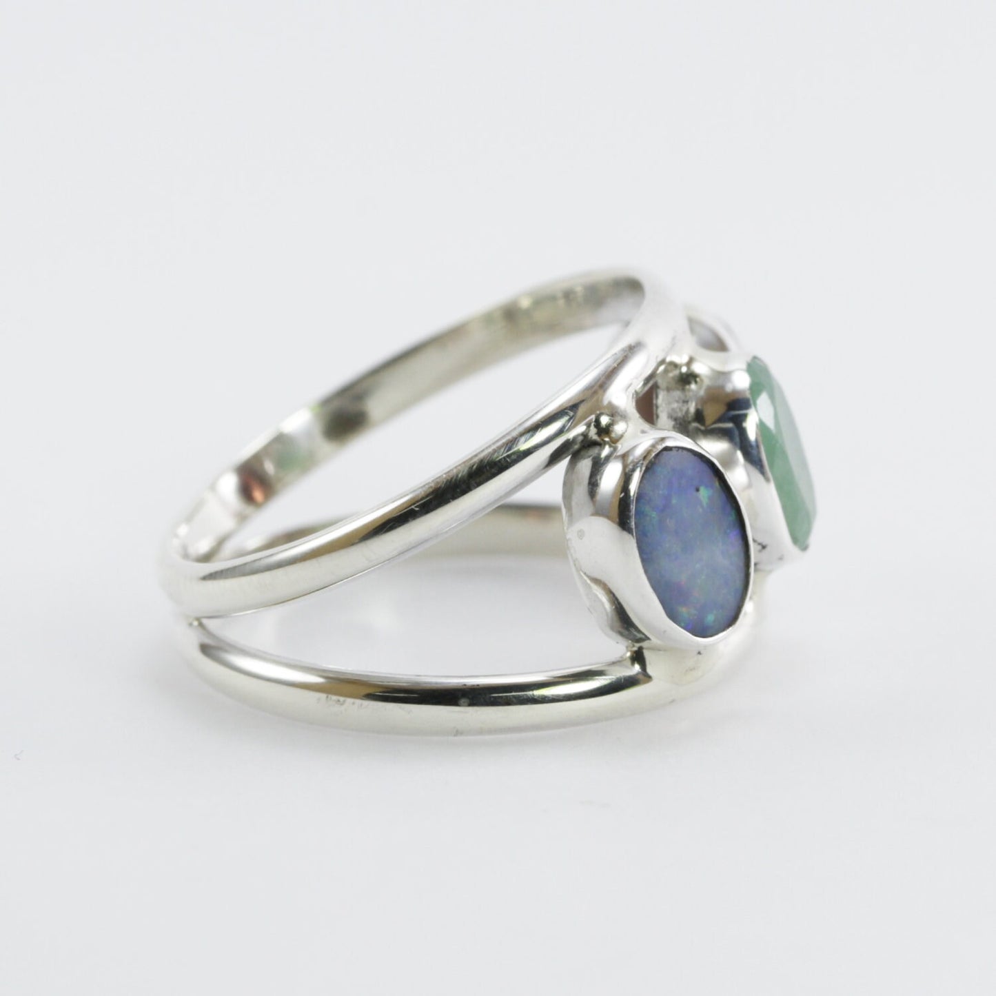 three stones ring 925 sterling silver with genuine emerald, opal and garnet