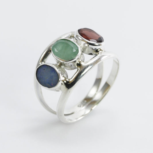 three stones ring 925 sterling silver with genuine emerald, opal and garnet