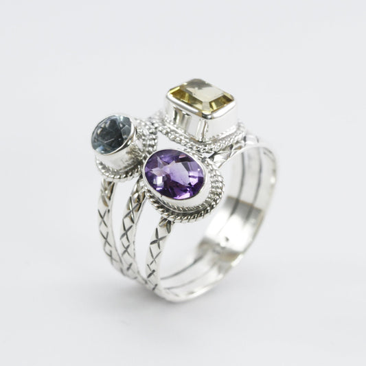Three stones ring set in 925 sterling silver, combination of natural amethyst, citrine, and blue topaz decorated with cable rope