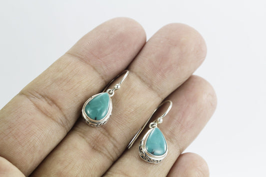 Natural Teardrop Turquoise Dangling Earrings set in 925 Sterling Silver Decorated with Handmade Filigree Bezel