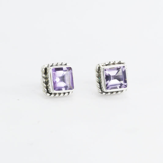 Citrine earrings studs sterling silver 9 mm Square decorated with cable edge bezel set
