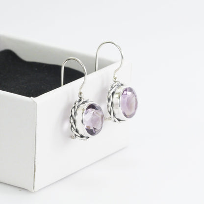 Genuine Amethyst earrings with kidney lock 925 sterling silver decorated with cable edge rope style