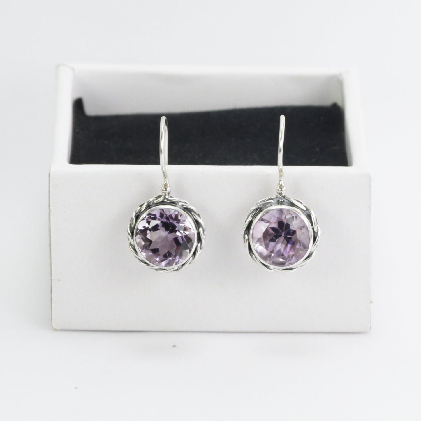 Genuine Amethyst earrings with kidney lock 925 sterling silver decorated with cable edge rope style