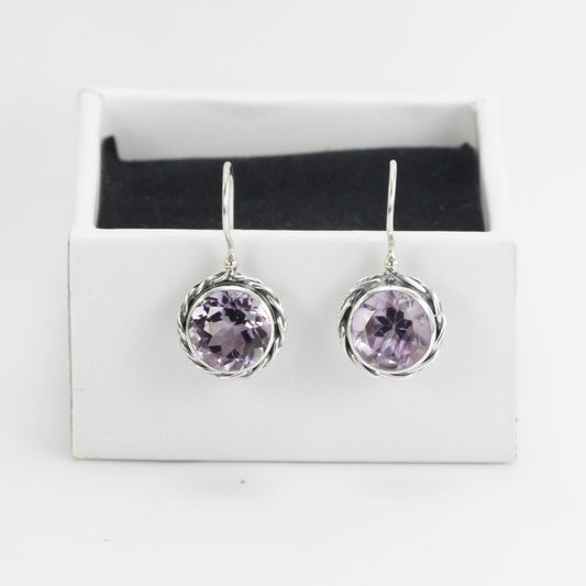 Genuine Amethyst earrings with kidney lock 925 sterling silver decorated with cable edge rope style