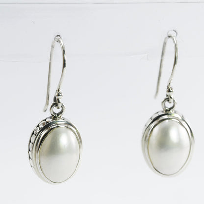 oval pearl earrings 925 sterling silver decorated with dot frame, mabe pearl earrings