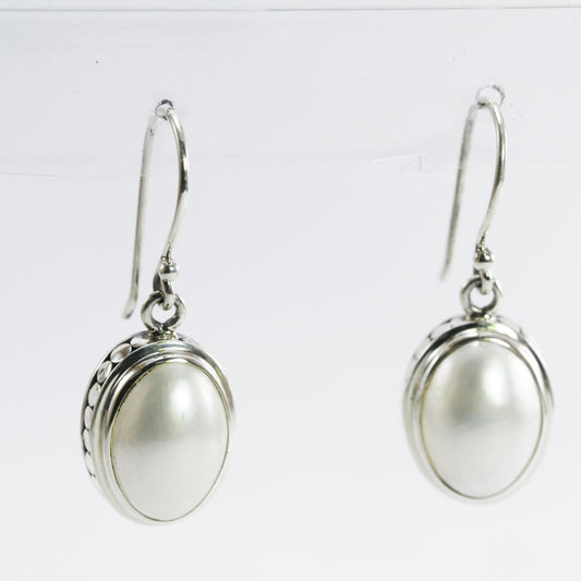 oval pearl earrings 925 sterling silver decorated with dot frame, mabe pearl earrings